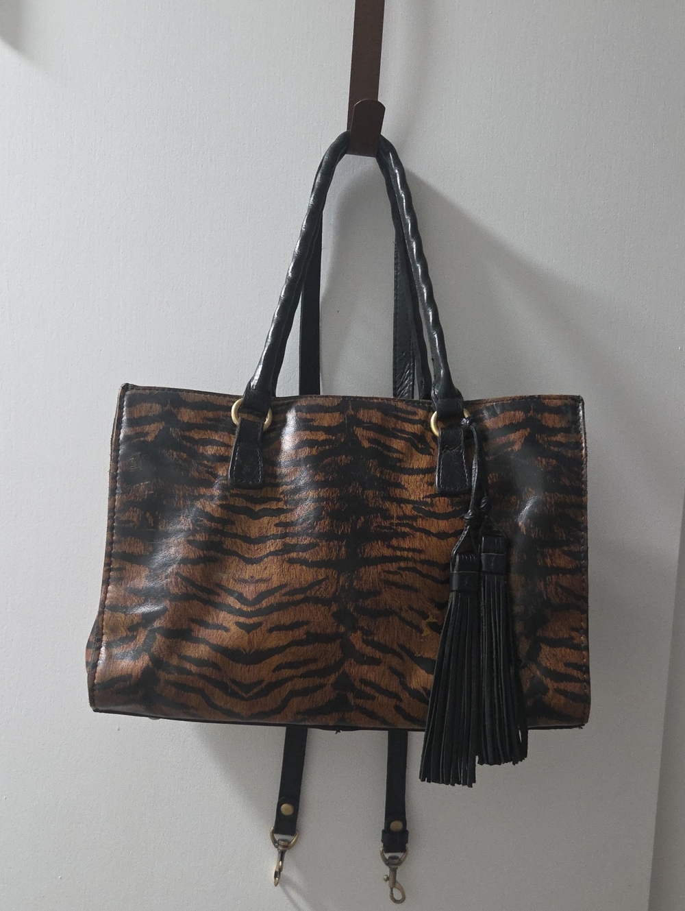 Patricia Nash Brown and Black Tiger-Print Tote with Tassel